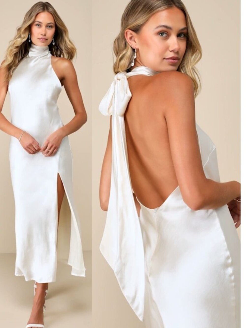 Lulu's Ivory Satin Halter Back-Tie Midi Dress